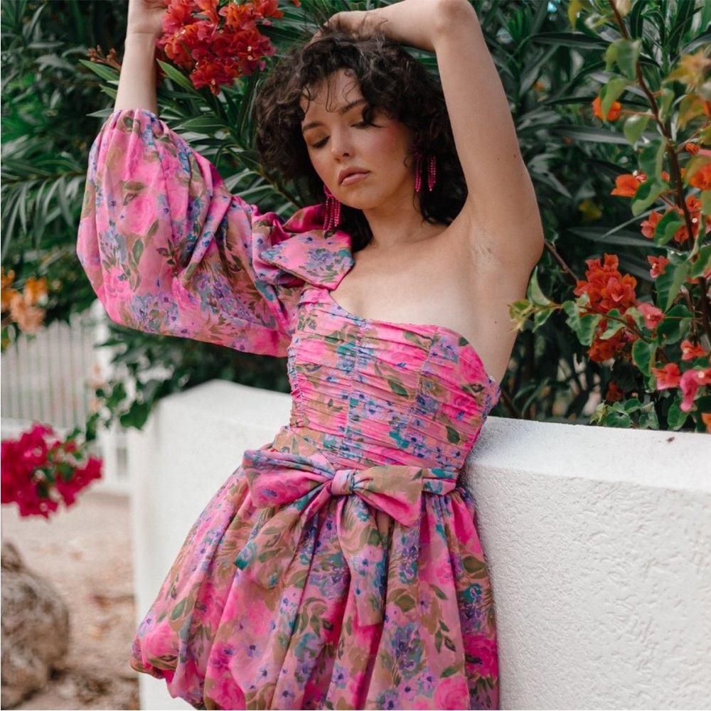 For Love And Lemons Pink Floral One Shoulder Dress